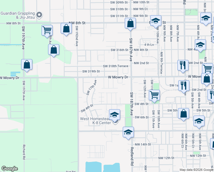 map of restaurants, bars, coffee shops, grocery stores, and more near 149 Southwest 16th Avenue in Homestead