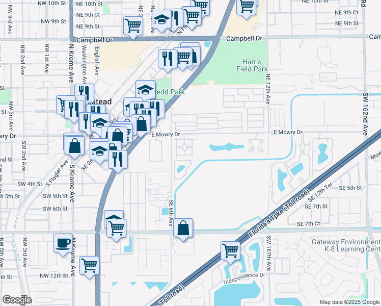 map of restaurants, bars, coffee shops, grocery stores, and more near 761 Southeast 2nd Street in Homestead