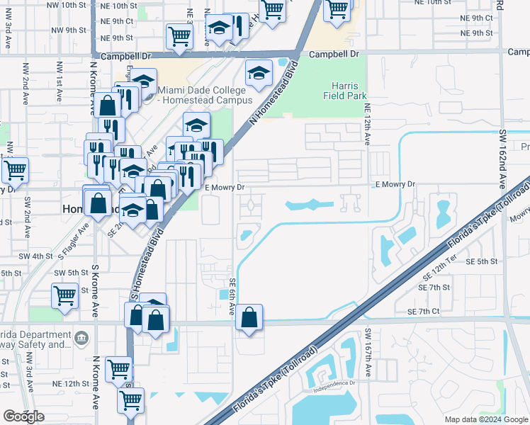 map of restaurants, bars, coffee shops, grocery stores, and more near 161 Southeast 7th Road in Homestead