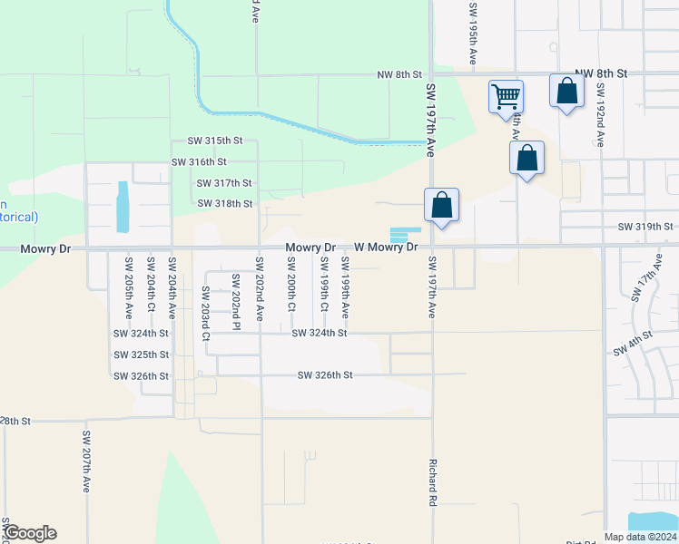 map of restaurants, bars, coffee shops, grocery stores, and more near 32046 Southwest 199th Avenue in Homestead