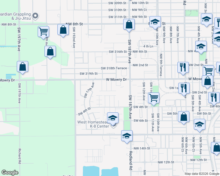 map of restaurants, bars, coffee shops, grocery stores, and more near 161 Southwest 15th Terrace in Homestead