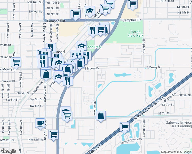 map of restaurants, bars, coffee shops, grocery stores, and more near 160 Southeast 6th Road in Homestead