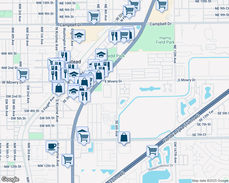 map of restaurants, bars, coffee shops, grocery stores, and more near 160 Southeast 6th Road in Homestead