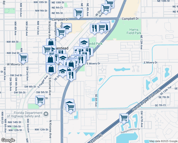 map of restaurants, bars, coffee shops, grocery stores, and more near 440 East Mowry Drive in Homestead