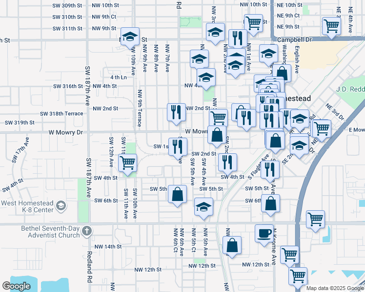 map of restaurants, bars, coffee shops, grocery stores, and more near 125 Southwest 6th Avenue in Homestead