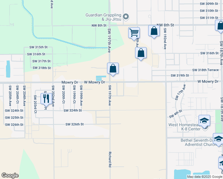 map of restaurants, bars, coffee shops, grocery stores, and more near 32151 Southwest 197th Avenue in Homestead