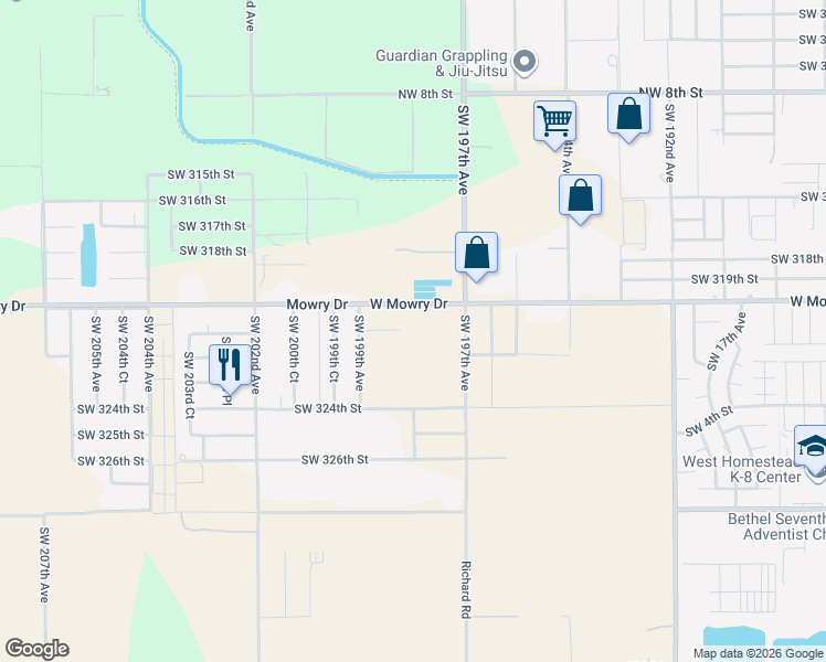 map of restaurants, bars, coffee shops, grocery stores, and more near 19740 Southwest 320th Street in Homestead