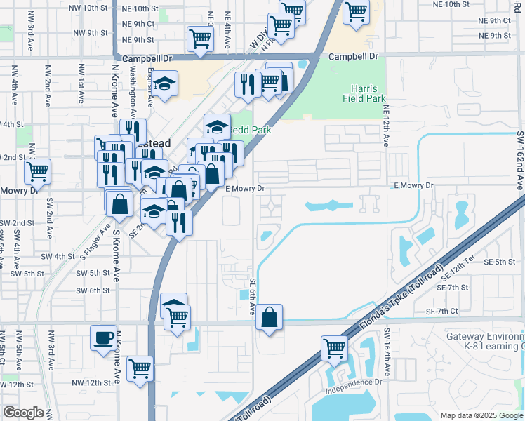 map of restaurants, bars, coffee shops, grocery stores, and more near 160 Southeast 6th Road in Homestead