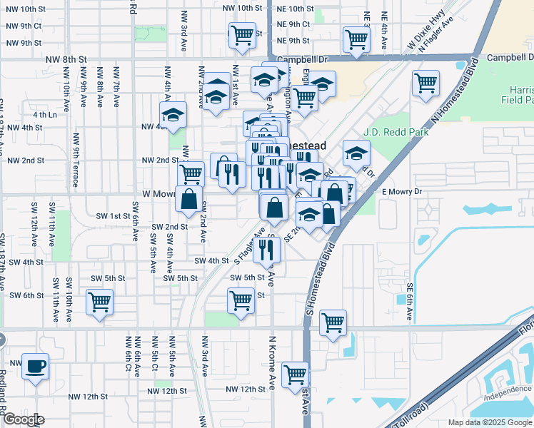 map of restaurants, bars, coffee shops, grocery stores, and more near in Homestead