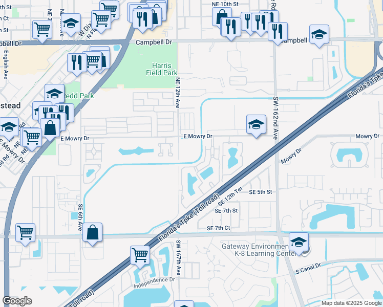 map of restaurants, bars, coffee shops, grocery stores, and more near 105 Southeast 12th Avenue in Homestead