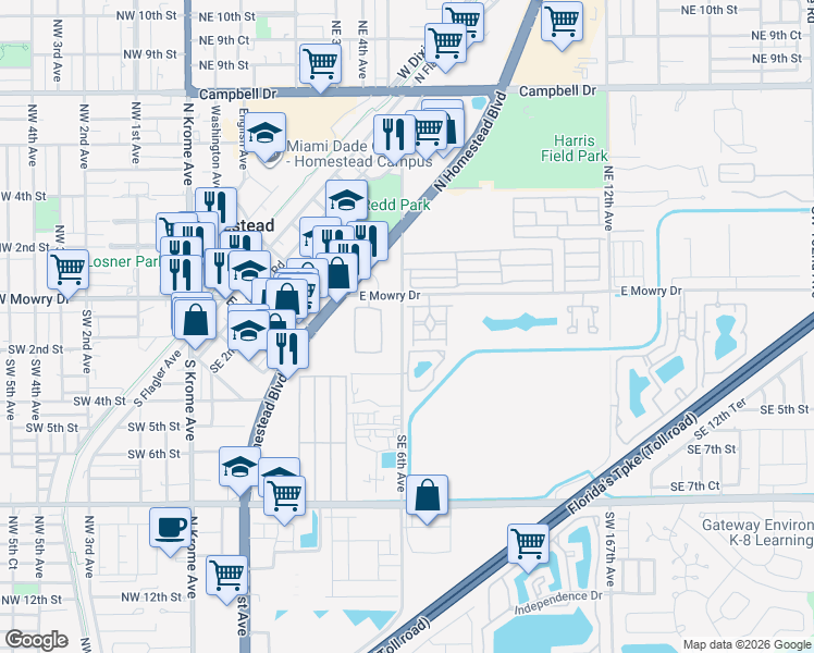 map of restaurants, bars, coffee shops, grocery stores, and more near 160 Southeast 6th Road in Homestead