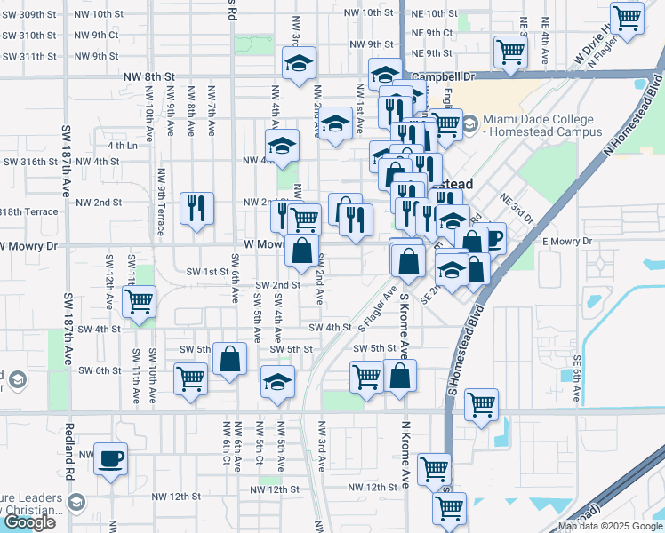 map of restaurants, bars, coffee shops, grocery stores, and more near 186 Southwest 1st Street in Homestead