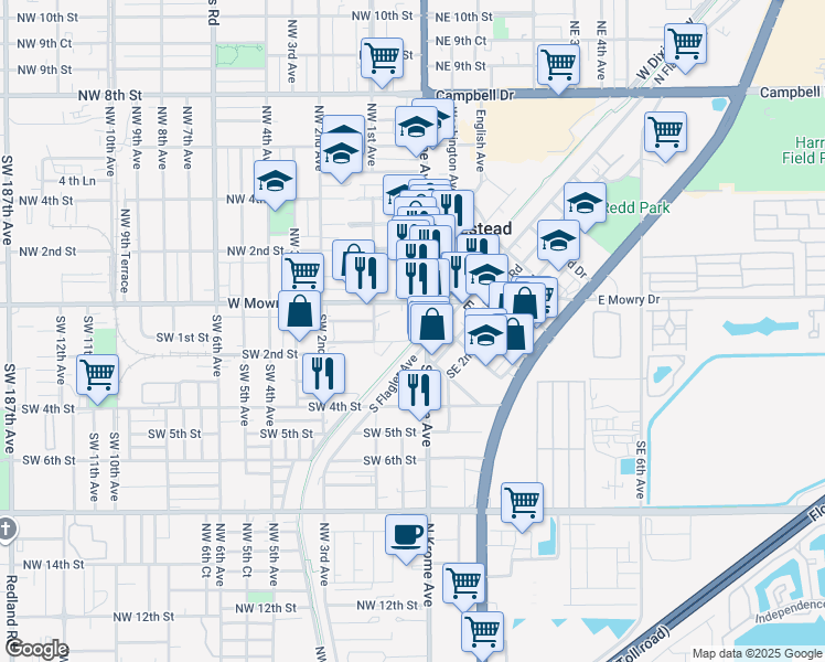 map of restaurants, bars, coffee shops, grocery stores, and more near 130 South Railroad Avenue in Homestead