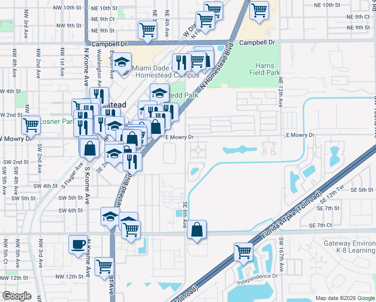 map of restaurants, bars, coffee shops, grocery stores, and more near 160 Southeast 6th Road in Homestead