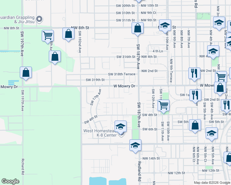map of restaurants, bars, coffee shops, grocery stores, and more near 149 Southwest 16th Avenue in Homestead