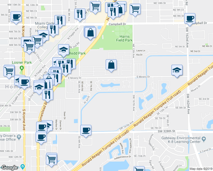 map of restaurants, bars, coffee shops, grocery stores, and more near 800 East Mowry Drive in Homestead