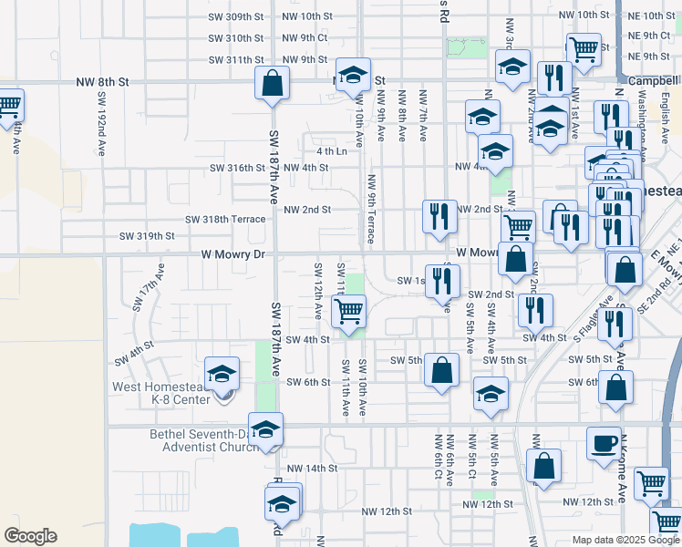 map of restaurants, bars, coffee shops, grocery stores, and more near 201 Southwest 11th Avenue in Homestead
