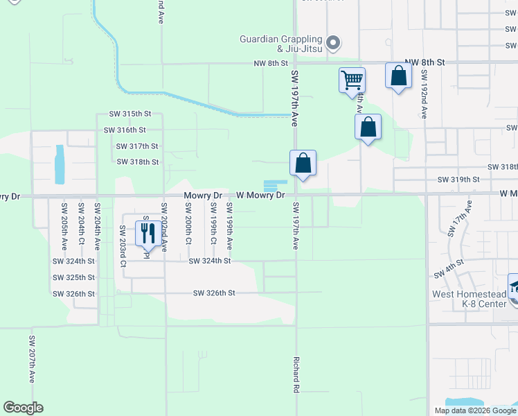 map of restaurants, bars, coffee shops, grocery stores, and more near 19740 Southwest 320th Street in Homestead