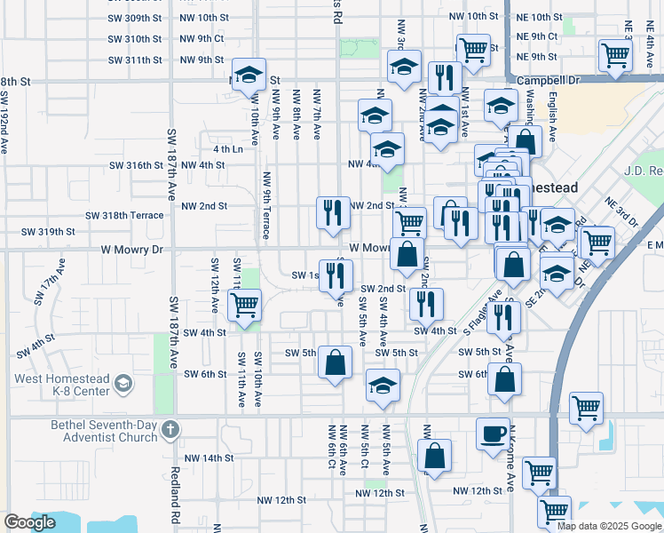 map of restaurants, bars, coffee shops, grocery stores, and more near 125 Southwest 6th Avenue in Homestead