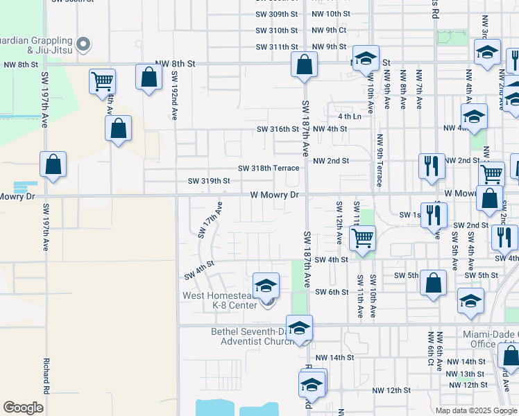 map of restaurants, bars, coffee shops, grocery stores, and more near 84 Southwest 15th Terrace in Homestead