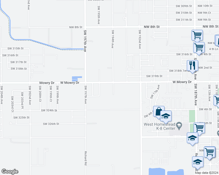 map of restaurants, bars, coffee shops, grocery stores, and more near 19400 Southwest 320th Street in Homestead