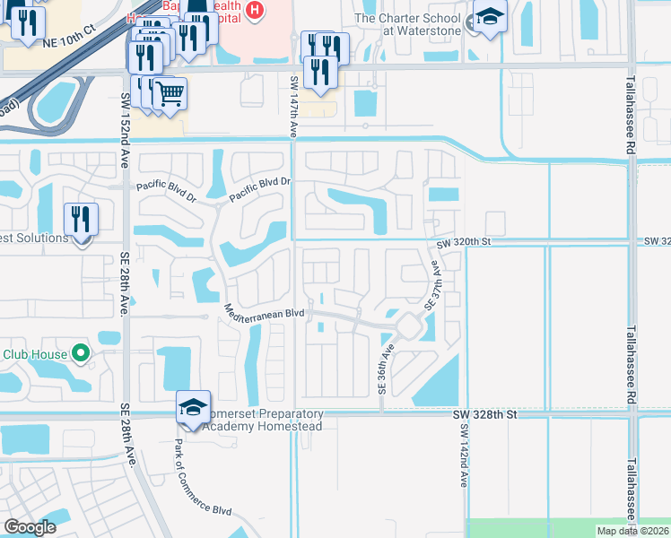 map of restaurants, bars, coffee shops, grocery stores, and more near 190 Southeast 34th Place in Homestead