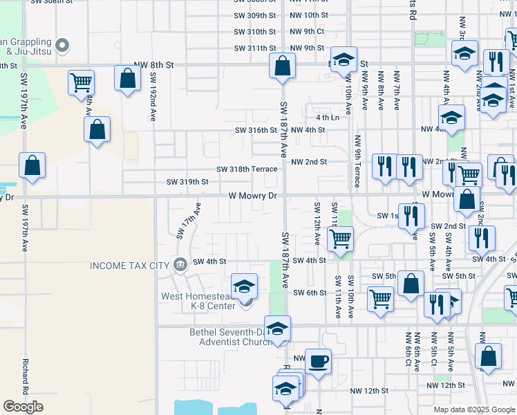 map of restaurants, bars, coffee shops, grocery stores, and more near 161 Southwest 15th Terrace in Homestead