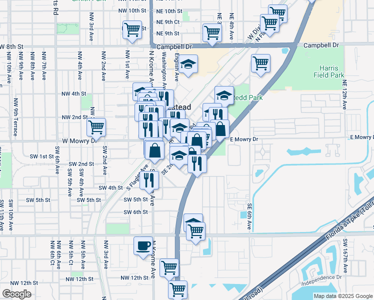 map of restaurants, bars, coffee shops, grocery stores, and more near 17 Northeast 2nd Road in Homestead