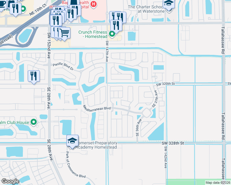 map of restaurants, bars, coffee shops, grocery stores, and more near 187 Southeast 33rd Place in Homestead