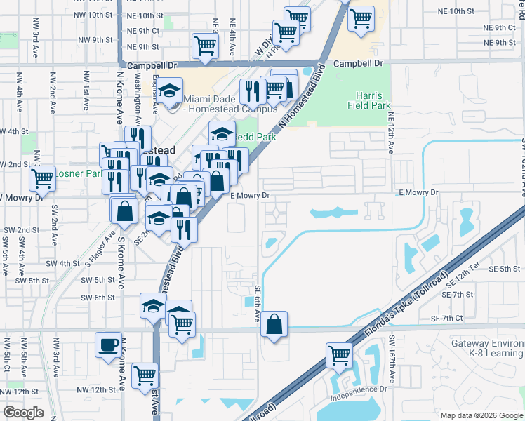 map of restaurants, bars, coffee shops, grocery stores, and more near 160 Southeast 6th Road in Homestead