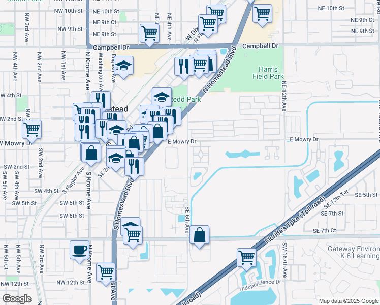 map of restaurants, bars, coffee shops, grocery stores, and more near 160 Southeast 6th Road in Homestead
