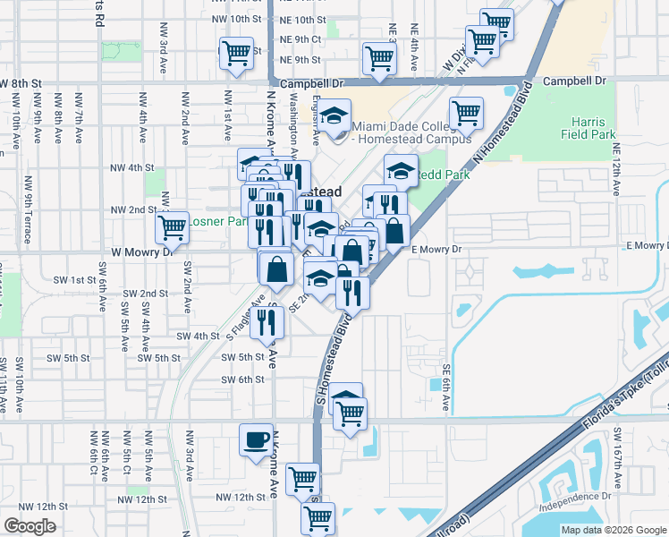 map of restaurants, bars, coffee shops, grocery stores, and more near 31 Southeast 2nd Road in Homestead