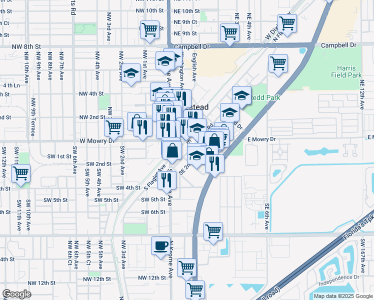 map of restaurants, bars, coffee shops, grocery stores, and more near 306 Southeast 1st Avenue in Homestead