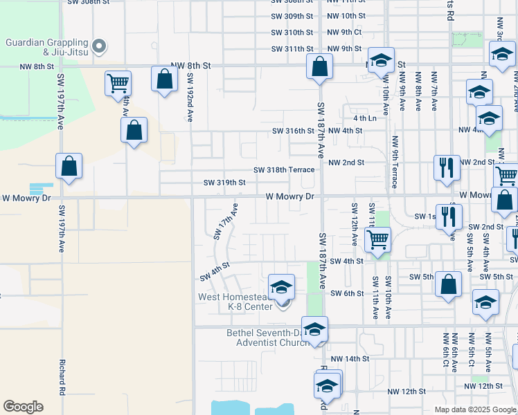map of restaurants, bars, coffee shops, grocery stores, and more near 149 Southwest 16th Avenue in Homestead