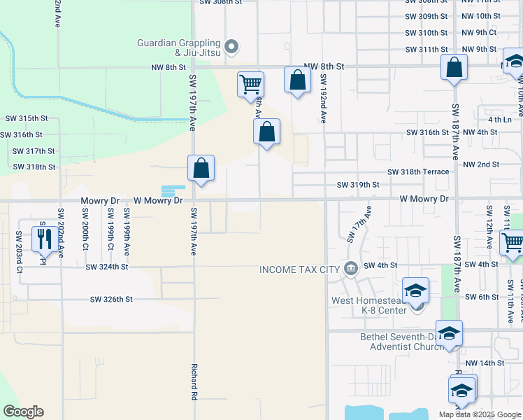 map of restaurants, bars, coffee shops, grocery stores, and more near 19400 Southwest 320th Street in Homestead