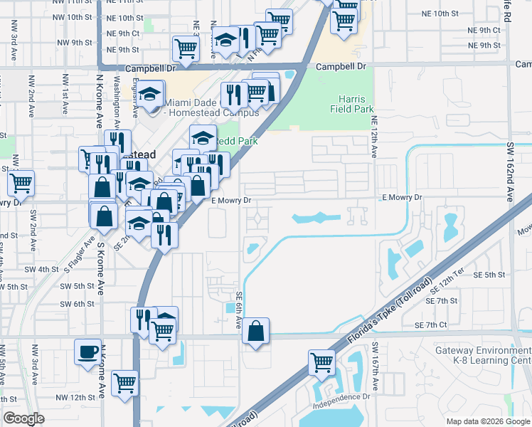 map of restaurants, bars, coffee shops, grocery stores, and more near 761 Southeast 2nd Street in Homestead