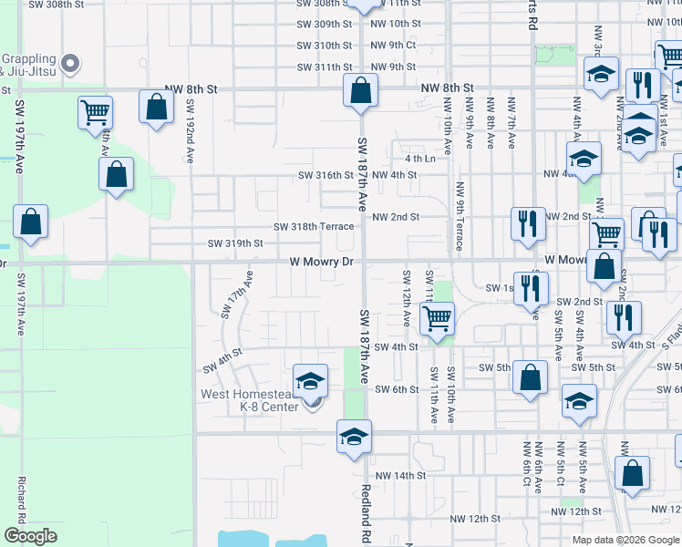 map of restaurants, bars, coffee shops, grocery stores, and more near 150 Southwest 14th Avenue in Homestead