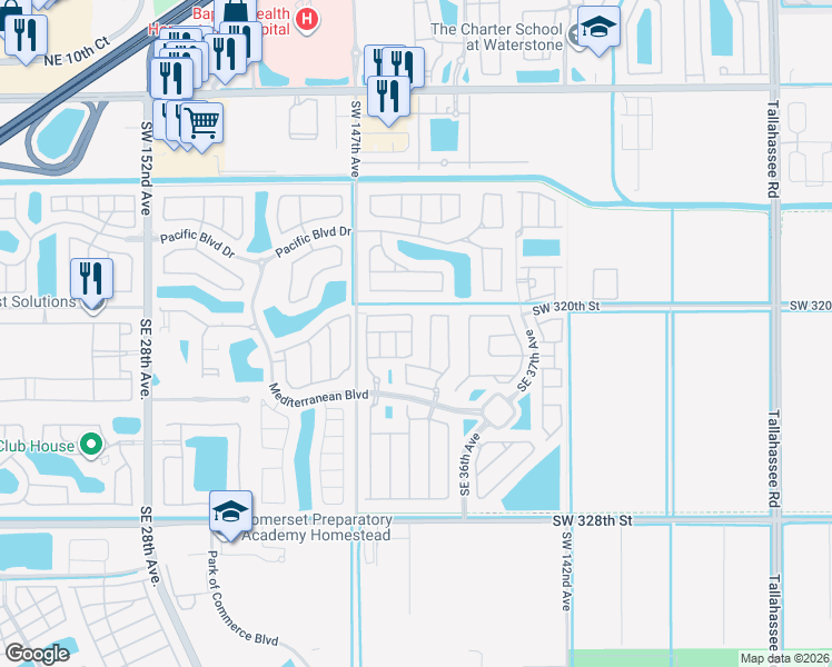 map of restaurants, bars, coffee shops, grocery stores, and more near 190 Southeast 34th Place in Homestead