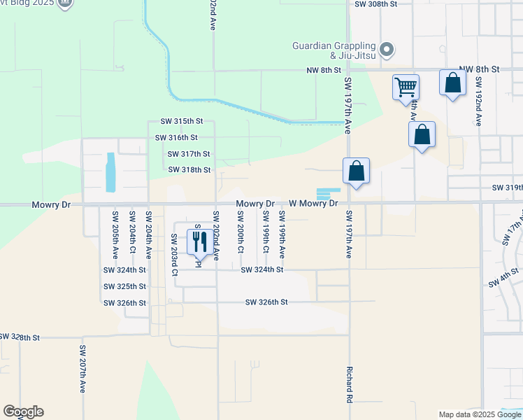 map of restaurants, bars, coffee shops, grocery stores, and more near 32046 Southwest 199th Avenue in Homestead