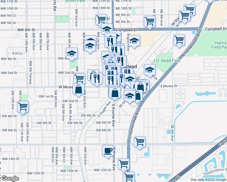 map of restaurants, bars, coffee shops, grocery stores, and more near 43 North Krome Avenue in Homestead