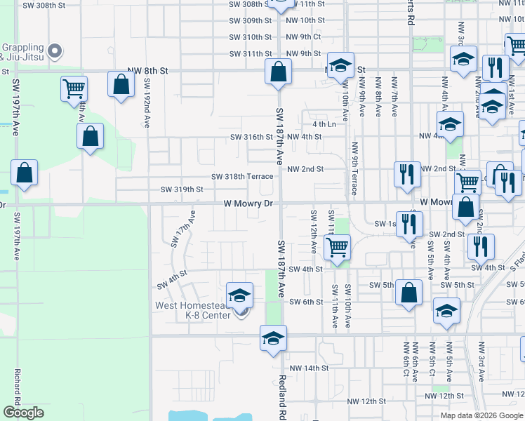 map of restaurants, bars, coffee shops, grocery stores, and more near 31942 Southwest 187th Court in Homestead