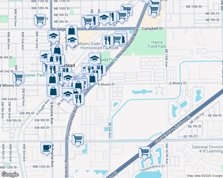 map of restaurants, bars, coffee shops, grocery stores, and more near 621 East Mowry Court in Homestead