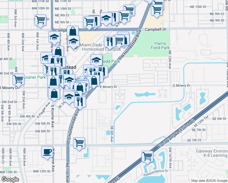 map of restaurants, bars, coffee shops, grocery stores, and more near 621 East Mowry Court in Homestead