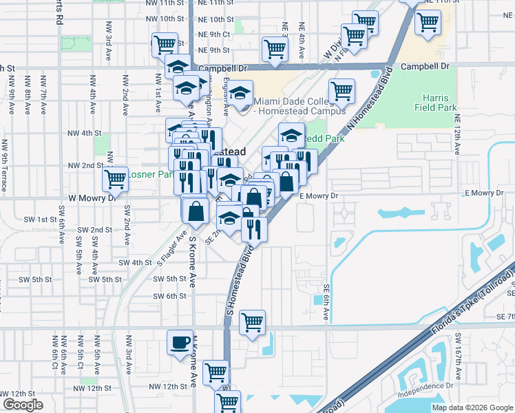 map of restaurants, bars, coffee shops, grocery stores, and more near 117 Northeast 2nd Road in Homestead
