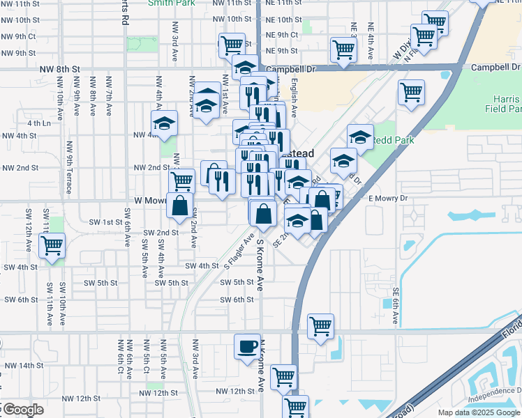 map of restaurants, bars, coffee shops, grocery stores, and more near in Homestead