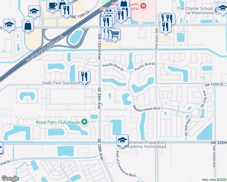 map of restaurants, bars, coffee shops, grocery stores, and more near 152 Southeast 29th Avenue in Homestead
