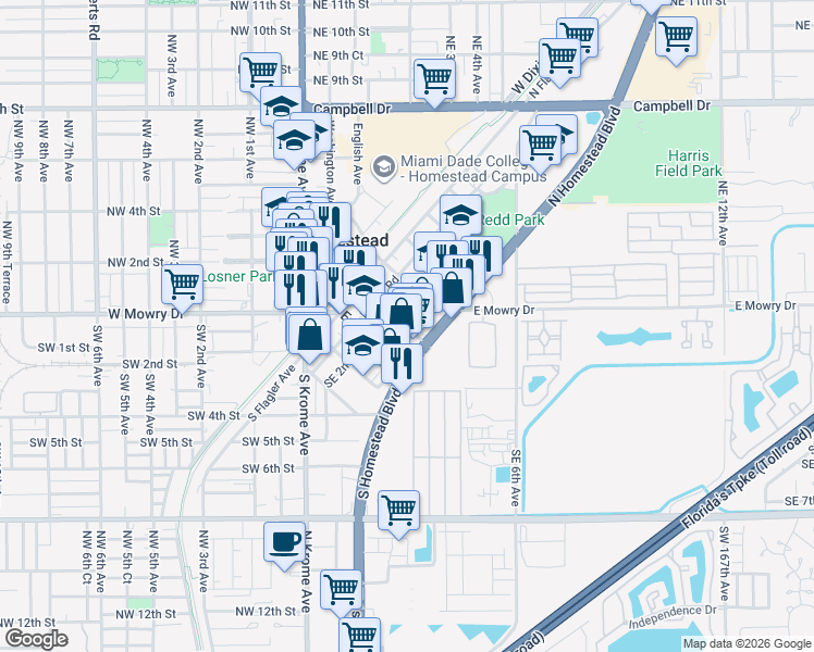 map of restaurants, bars, coffee shops, grocery stores, and more near 117 Northeast 2nd Road in Homestead