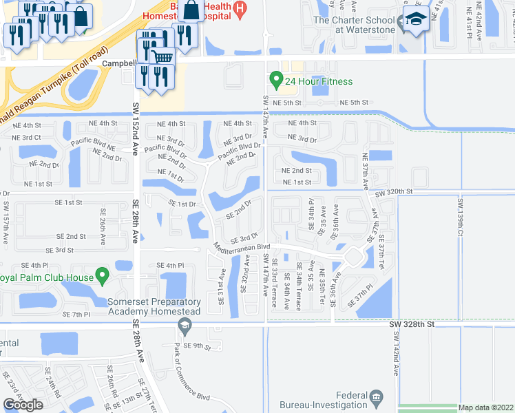 map of restaurants, bars, coffee shops, grocery stores, and more near 220 Southeast 32nd Terrace in Homestead