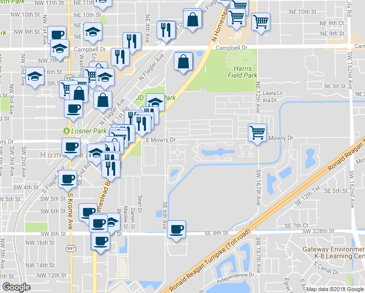 map of restaurants, bars, coffee shops, grocery stores, and more near 760 East Mowry Court in Homestead