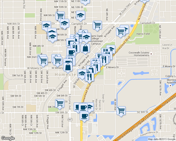 map of restaurants, bars, coffee shops, grocery stores, and more near 117 Northeast 2nd Road in Homestead